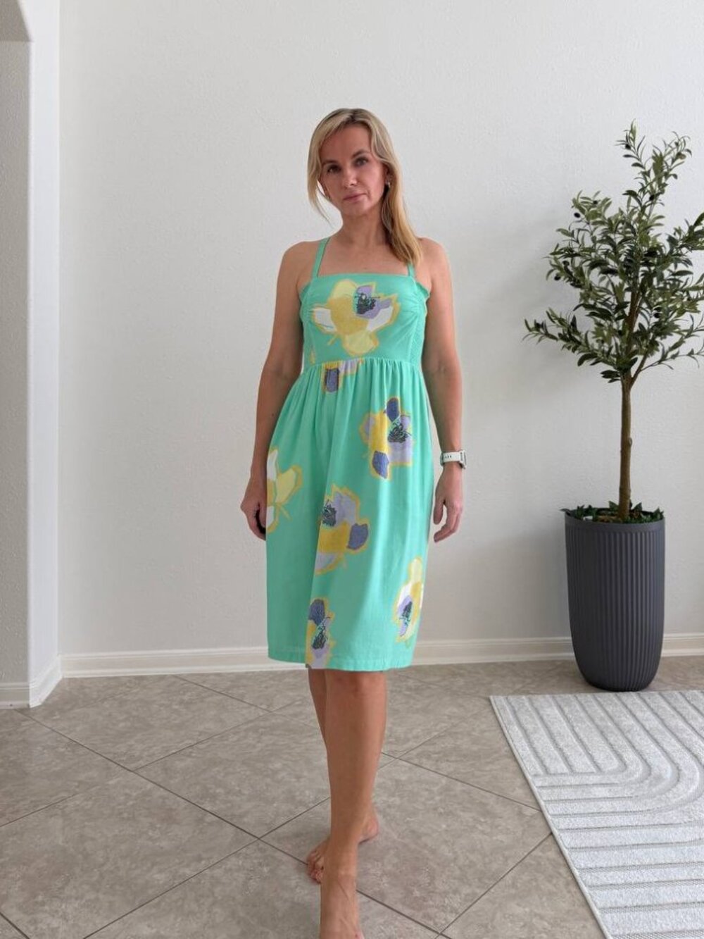 Anthropologie Corey Lynn Calter Mint Floral Midi Dress SP Smocked Back Pockets
